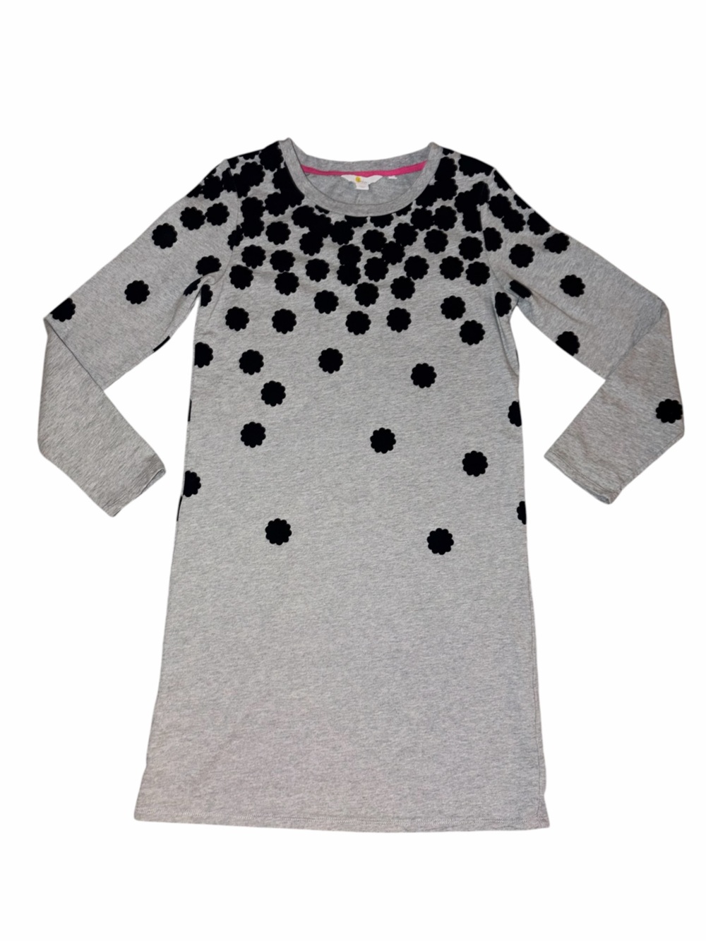 EUC Boden Flocked Spot Floral Cotton Crewneck Sweatshirt Dress Grey Small Navy